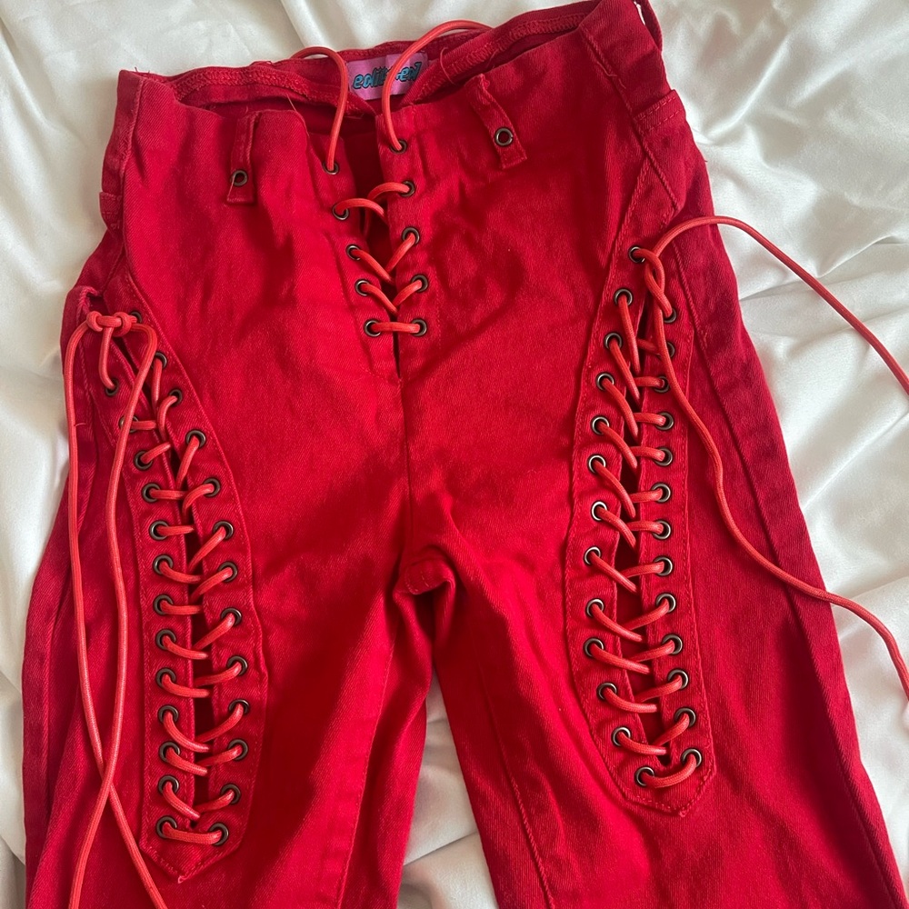 Red Lace-Up Pants